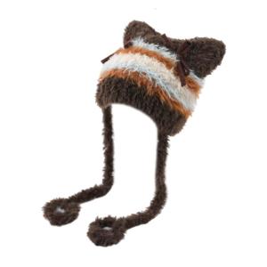 Furry Soft Ear Kitten Hat Striped Headwear for Women Winter Cycling Climbing Skiing Furry Kitten Hat Thick Lining