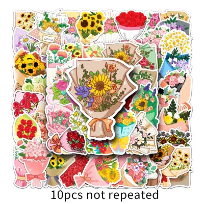 50PCS Flower Bloom Colorful Bouquet Sticker INS Style Small Fresh Flower Cartoon Graffiti Luggage Laptop Waterproof Sticker