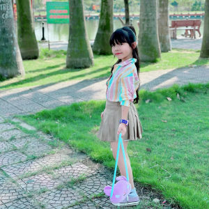 Set áo váy mùa thu KHÁNH AN BABY NA KIDS Áo sơ mi cầu vồng chân váy xếp ly nâu kaki nhẹ nhàng cho bé 8-48kg