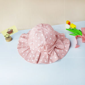 Mũ bèo cotton cho bé gái 2-8 tuổi nón vành to vòng đầu 52cm chấm bi đính nơ dễ thương vải mềm mát Urombaby