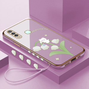 (lokal stock) Kesing hp Untuk Vivo Y15 Y15A Y15C Y15S Y16 Y17 Y19 Y95(Lanyard Gratis) Cartoon Cute Bear Lily of the Valley Square Edge Pattern Design Luxury Plating Soft Phone Case