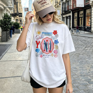 [Local Stock] HBESTY  Italian Summer Crew Neck Short Sleeve Cotton T Shirt Ocean Beach Fish Lobster Seashells Turtle Sun Flowers Text Print Casual Top