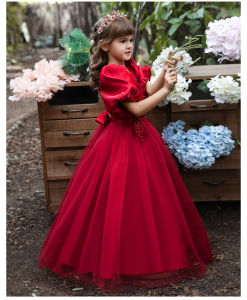 Girls Red Silk Princess Dress – Embroidered Puff Sleeve Long Gown for Birthday Party Pageant Wedding School Event & Evening Ball | Elegant Formal Dress for Kids (4-14 Years)