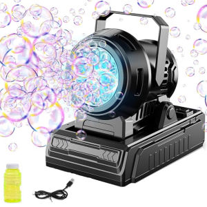Fully automatic stage bubble machine for outdoor parties - enhancing atmosphere with lighting. Portable electric bubble blowing toy for children