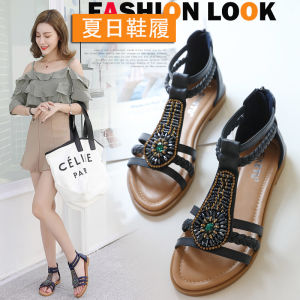 Sandal Nữ Bohemia Đính Hạt Dây Kéo đính Kim Cương Phong Cách La Mã 15cm.