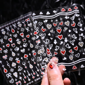 ZEEMIN 6Sheets Y2k White Bowknot Red Love Glitter Nail Decals 3D Heart Bow Nail Art Stickers Slider DIY Adhesive Manicure Sticker Decor