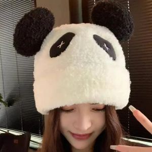 Cute Panda Ears Plush Womens Hats Autumn and Winter Warm Ear Protection Imitation Lamb Wool Korean Knitted Beanies Caps Men