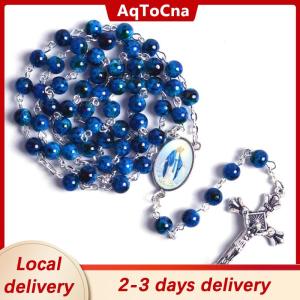 [COD] AqToCna Ship within 24 hours Catholic Rosary Small Size Round Blue Glass Beads Virgin Mary  Necklace