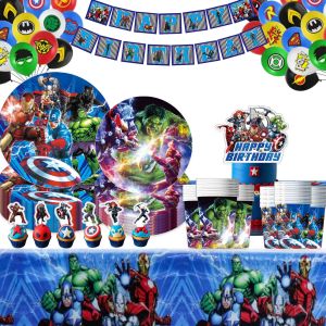 New Spot Avengers Party Supplies Decorative Tablecloth Paper Plate Banner Hulk Iron Man Spider-Man
