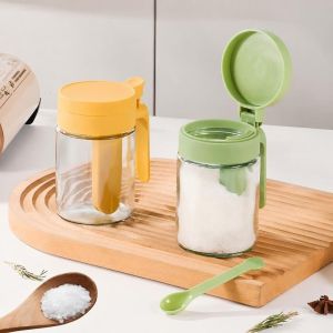 VIVAZ Clear Glass Spice Storage Container Anti-Moisture Self Sealing Lid Kitchen Seasoning Jar Durable Thumb Press Automatic Sealing Container Home Kitchen Use