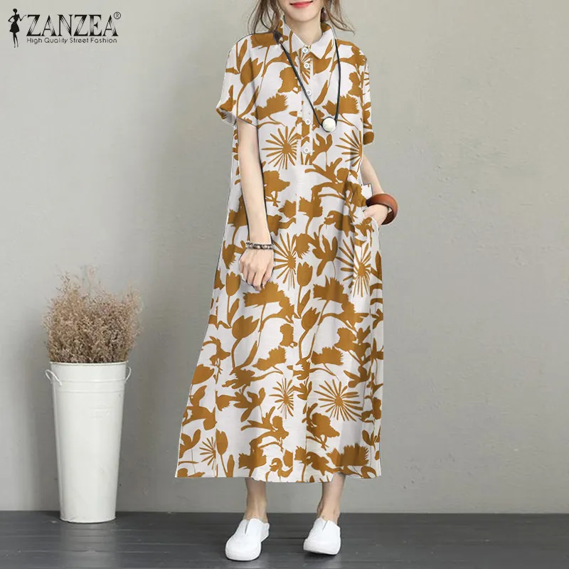ZANZEA Women Summer Short Sleeve Baggy Long Dress Floral Printed Maxi Shirt  Dresses