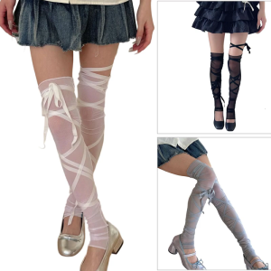 Ballet Styles Mesh Leg Sleeves with Ribbon Ties for Women Aesthetic Sheer Thigh High Leg Warmers Long Footless Socks