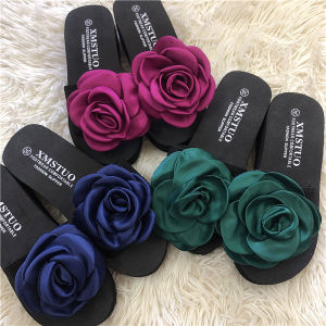 MANXIXI Beautiful 2.36 Inches Wedge Sandals Big Flowers Inlay Rubber Sole Sturdy Flat Slippers For Women (Size 35-40)