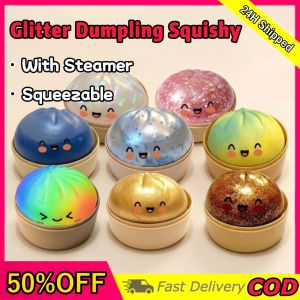 Rainbow Glitter Dumpling Squishy with Steamer Portable Fidget Stress Relief Toy Party Birthday Gift