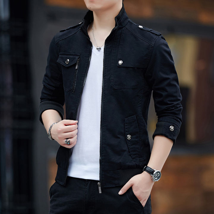 Ready stock 2021 Spring and Autumn Men's Fashion Hooded Thin Washed Bomber  Jacket Military Uniform Korean Slim Long Sleeve Casual Sports Jacket