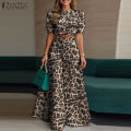 Celmia ZANZEA Women Two-piece Outfits Street Fashion Puff Sleeve Cropped Top Wide Leg Pants Leopard Print Sets #0714. 