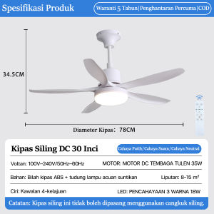 5-Year Warranty! 30-inch White Minimalist Ceiling Fan 4-Speed + 3-Color Adjustable Light Pure Copper DC Motor High-Power Fan Comes with Remote Control. Energy-Saving and Quiet Operation Suitable for Dining Rooms/Living Rooms.