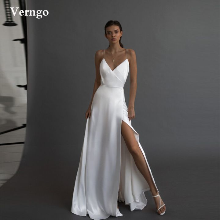 Verngo Simple A Line Silk Fabric Wedding Dress Beach Spagheti