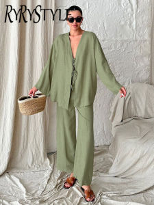 Casual Solid Linen Long Pants Pajamas Suits Women Fashion V-Neck Loose Lace-Up Blouses Pink Wide Leg Pants Sleepwears