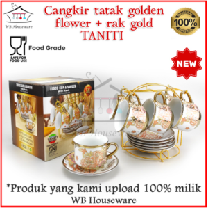 tea set + rak / gelas cangkir teh motif golden flower / coffe tea set porcelain TANITI