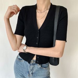 (CLE)Alisa.Sonya Womens Solid color slim fit Short Sleeve Sweater V Neck Pullover Tops Ribbed Knit Sweater Blouse