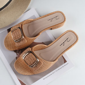 [Free Shipping] WomenS Summer New Style Thick-Heeled Slippers Fashionable Square Buckle Design Suitable For Outdoor Wear Flat-Soled Low-Heeled And Casual Slip-On Sandals