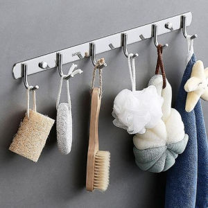 【Ready stock】 Stainless Steel Mop Broom Holder New Mop Holder 6 Hooks 5 Clips Broom Holder Storage Rack / Bathroom Shelf