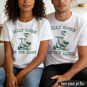 [Local Stock] HBESTY  Silly Goose On The Loose Scooter Riding Goose Vintage Print Men Summer Cotton T Shirt Funny Goose Meme Short Sleeve Daily Top
