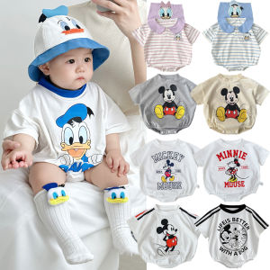 Disney Stripe Cartoon Print Onesie Baby Girls Boys Mickey Mouse Short Sleeve Rompers Newborn Donald Duck Daily Wear Jumpsuits