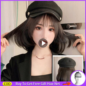 original wig for women human hair Hats with Wig Attached for Women Cap with Short Bobo Black Straight Hair Costume Disguise