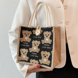 NIkyLundun   กระเป๋าหิ้วผ้าลินินหมีน้อยกระเป๋าถือผู้หญิงออกไปข้างนอกกระเป๋าสะพายใบเล็กสไตล์ญี่ปุ่นกระเป๋าสะพายไหล่นักเรียน