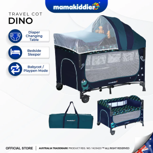 Mamakiddies Happy Dino Baby Travel Cot 2-Level Bedside Sleeper Portable Playpen Foldable Cradle Baby cot