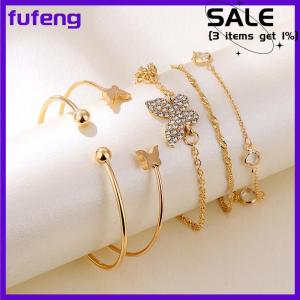 fufeng 5PC New Bohemian Elegance Open Bracelets Rhinestone Butterfly Bracelet Girl Gift