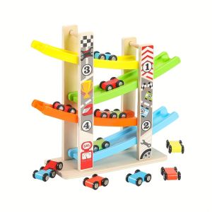 Wooden Car Ramp Racer Toy with 4 Mini Cars Educational Fun for Toddlers 1-2 Years Old