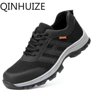 QINHUIZE Labor insurance shoes anti-smashing puncture solid non-slip breathable comfortable flying woven upper casual site shoes steel toe cap light lightweight steel toe safety boots