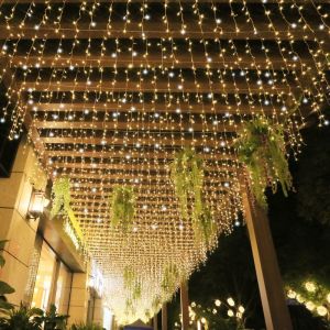 96L/200L Christmas Light Icicle Waterfall Fairy String Curtain Lights Garland Outdoor Wedding Party curtain light Outdoor waterproof Transparent wire room decor Fairy Light Waterproof Outdoor Decoration Lights Curtain Icicle String Light Party
