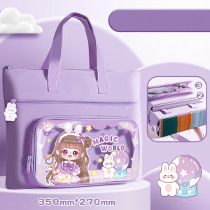 Portable Tutoring Bag Zipper Thickened Oxford Cloth Book Handbag PVC Front Pockets Waterproof Student Horizontal Handbag