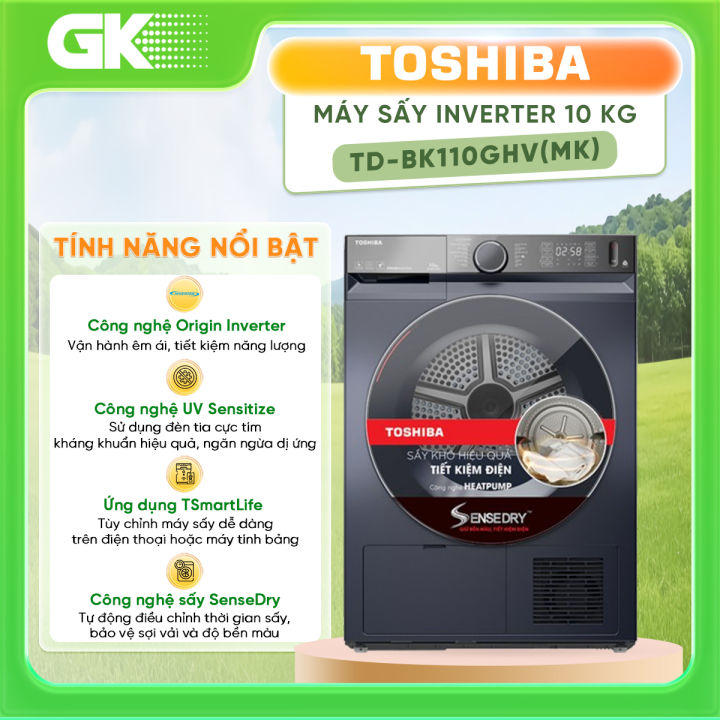 Máy sấy bơm nhiệt Toshiba 10 kg TD-BK110GHV(MK) - Công nghệ Origin Inverter vận hành êm, tiết kiệm điện - GIAO TOÀN QUỐC - FREESHIP HCM