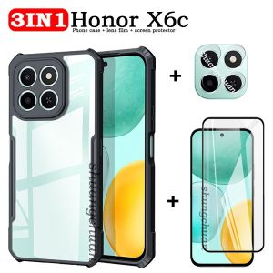 3IN1 For Honor X6C phone case and Honor X6C tempered glass film transparent anti-drop phone case lens film