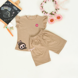 SETELAN ANAK TERBARU BAJU LABUBU KAOS COTTON COMBED WARNA COKSU MODEL RUFEL BAHU USIA 2-9TAHUN