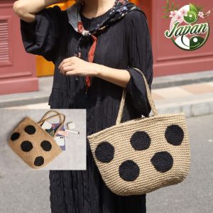 2026 Japanese make hand design Straw Woven Bag French Retro Polka Dot Fashion Handbag