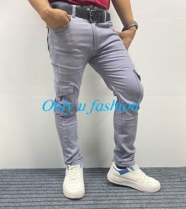 New Mens Clothing Solid Color Stretch Multi-Bag Skinny Pants Slim Slimming Denim Cargo Pants Jeans