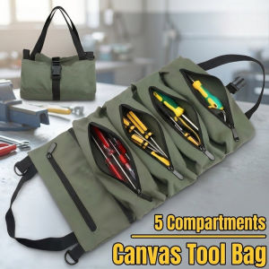 Green Oxford Fabric Heavy-Duty Tool Roll Bag 5 Compartments Foldable Tool Organizer for Tradesmen Gift for Dad
