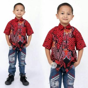 Kemeja Batik Pria Lengan Panjang Dan Pendek Couple Batik Ayah Anak Motif Bata Merah