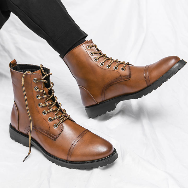 RUCHI Men Motorcycle Boots Leather Boots Lace-up Military Men's Boots  Pointed British Formal Men Ankle Boots Size 38-46 Lazada PH