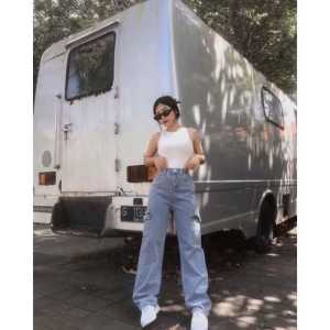Celana wanita High waist cargo loose denim pants  korean style size 26-35 super jumbo