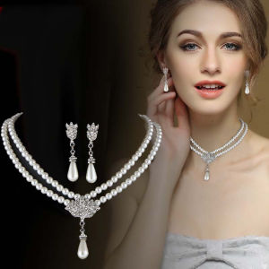 Womens Pearl Necklace Set Jewelry Set Elegant Wedding Accessories Earrings Ring Wedding Jewelry Set