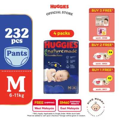 [MIKO MUMMY 18-21.08] Huggies Naturemade Overnite Pants Diapers M58 (4 Packs)