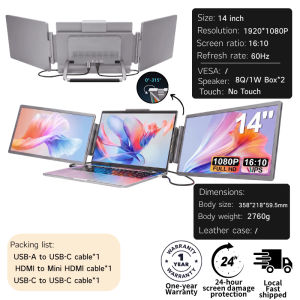 Domestix 14" Dual-Screen Portable Monitor For Laptop Extender Screen Speculation Multi-Screen Folding Double Screen