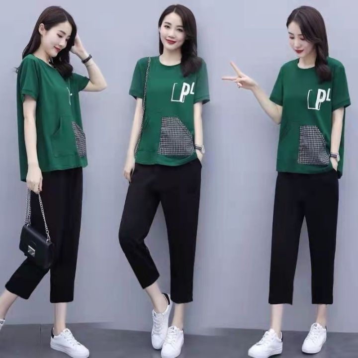 Summer New Casual Sports Suit Sportswear Set Tracksuit Women Ladies Short  Sleeve T Shirt +long Pants Sets Loose Korean Style Fashion Suit Female